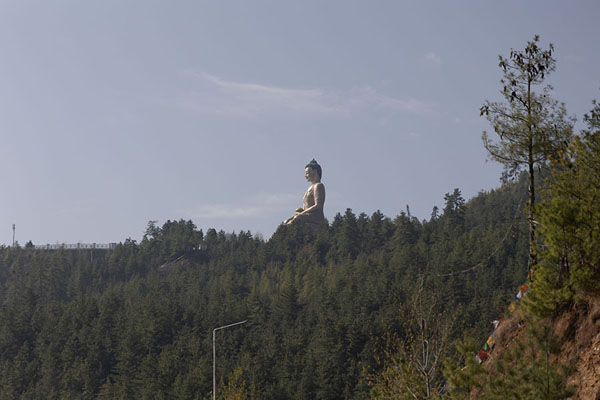 Foto van The golden Buddha Dordenma statue towering over the forest belowThimpu - Bhutan