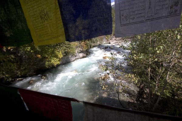 Picture of Cheri Monastery (Bhutan): Bridge over the Wang Chhu river, decorated with prayer flags