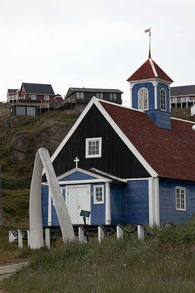 Whale bone arch with Bethel church in the historic part of Sisimiut | Sisimiut | Greenland