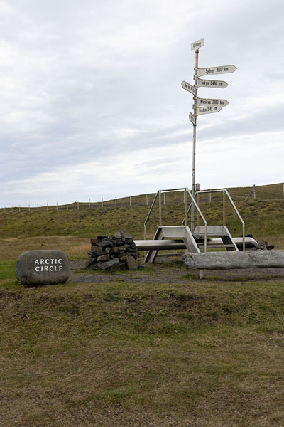 Installation established in 1917 marking the Arctic Circle, with distances to world cities | Grímsey Island | IJsland