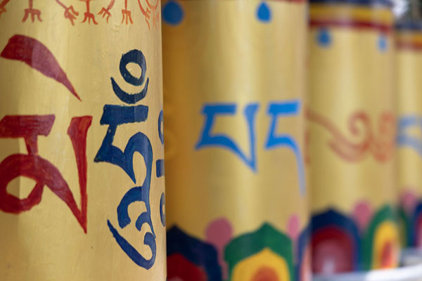 Foto van Row of golden prayer wheels with colourful charactersDharamshala - India