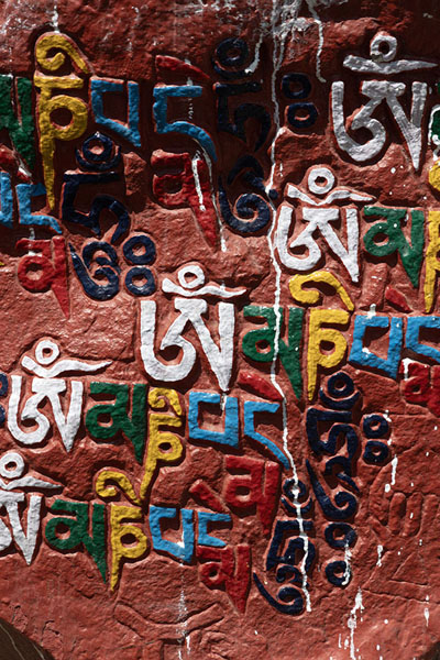 Foto di Stone with colourful religious writings along the kora circuitDharamshala - India