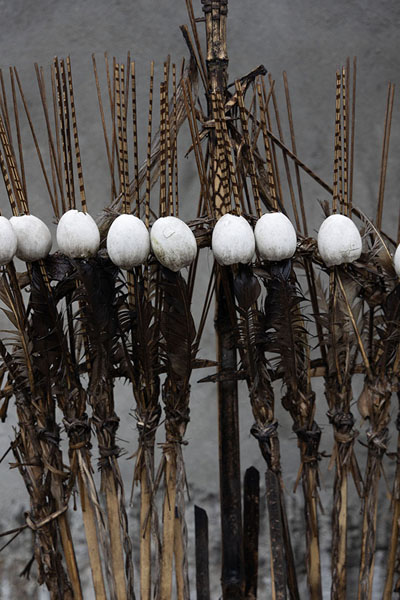 Detail of a decorative element outside a house in Hija village with eggs to scare away evil spirits | Hija dorp | India