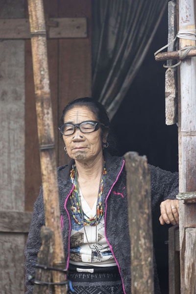 Foto van Old Atapani woman with nose plugs and face tatoos in Hija villageHija - India