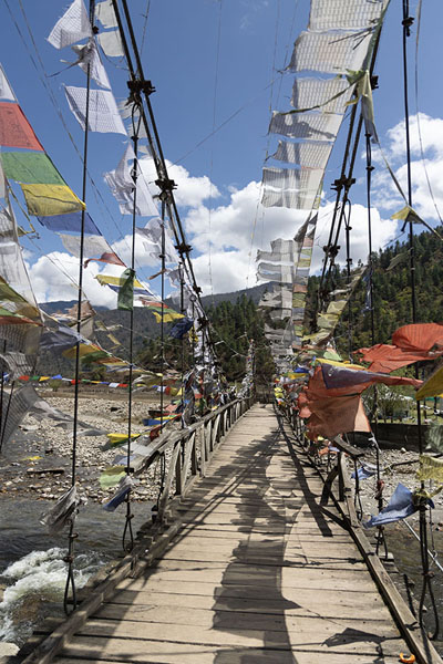 Picture of Prayer flags flying from a bridge across the Sangti RiverSangti Valley - India