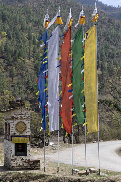 Picture of Row of prayer flags with a small shrineSangti Valley - India