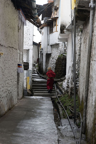 Foto di Monk walking one of the alleys in the residential area of Tawang monasteryTawang - India