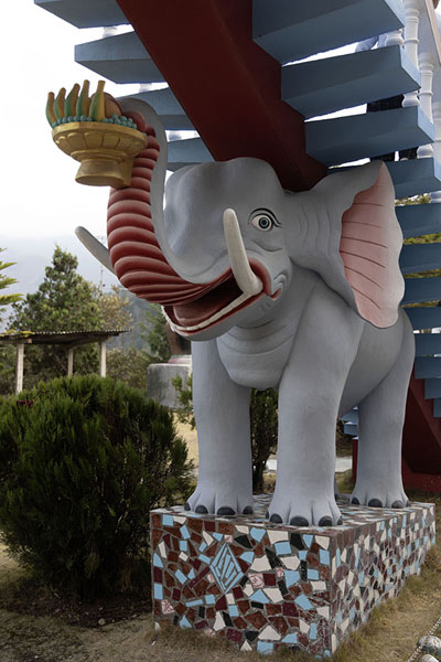 Elephant with stairs on its back leading up the temple of Zangpokdalri monastery | Monastero Zangpokdalri | India