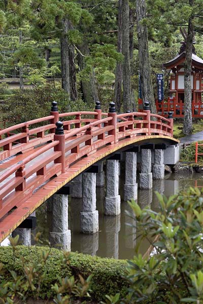 Bridge over a pond to Zennyoryosha islet in Koyasan | Koyasan | Japan