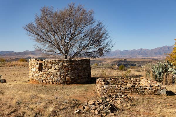 Foto van Cylindrical house with tree in the royal village of Thaba BosiuThaba Bosiu - Lesotho