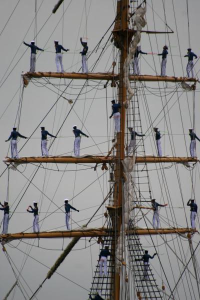 Picture of Sail Amsterdam (Netherlands): Dewaruci: Indonesian sailors in their masts while leaving Sail Amsterdam