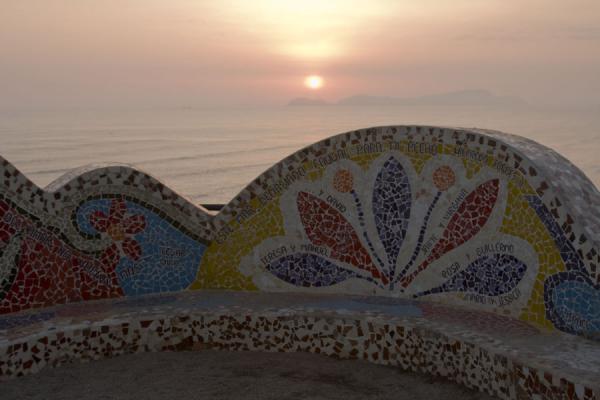 Picture of Parque del Amor (Peru): Sunset seen from a typical bench in the Parque del Amor