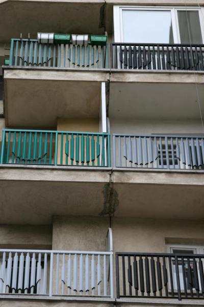 Picture of Union Avenue (Romania): Green and blue balconies of apartment block on Unirii Avenue